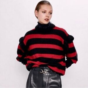 Zara Red/Black Striped Mohair Knit Sweater Detachable Tulle Collar NWT S
